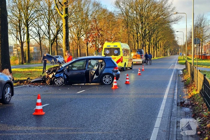 Auto loopt forse schade op na botsing met boom