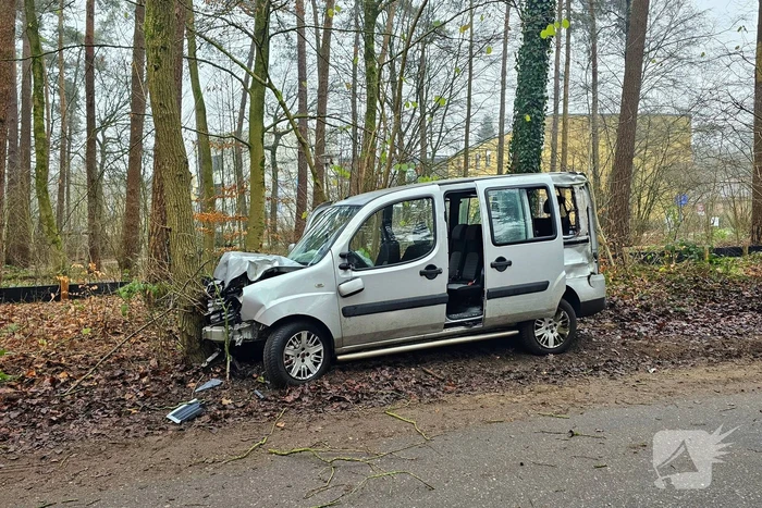 Auto rijdt lantaarnpaal uit grond en knalt tegen boom