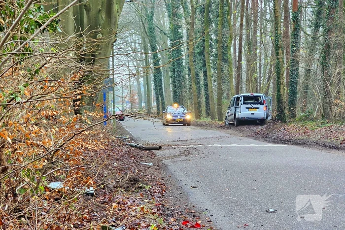Auto rijdt lantaarnpaal uit grond en knalt tegen boom