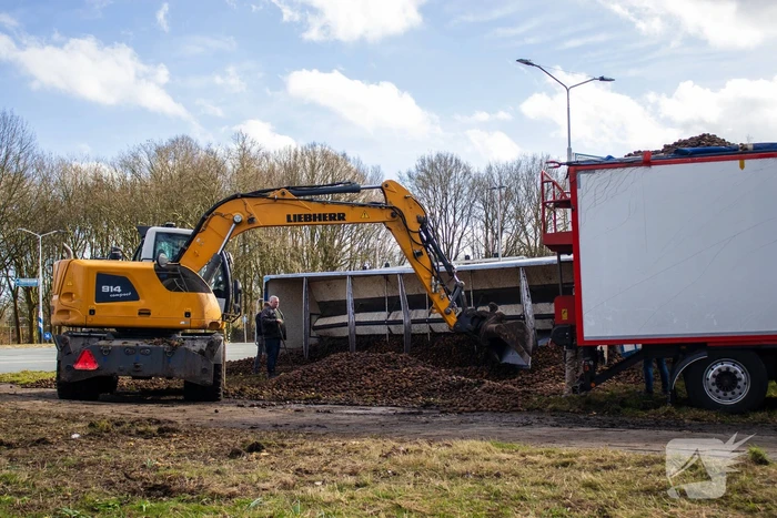 Vrachtwagentrailer met aardappelen kantelt