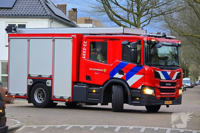Brandweer dooft brand in boomstam met tuinslang