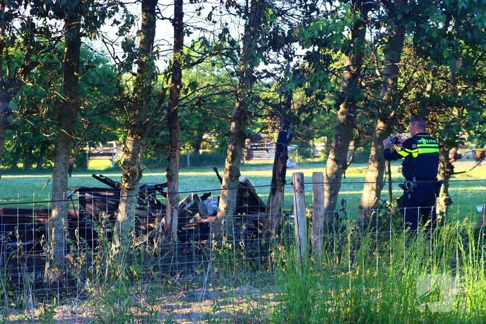 Bomen en pipowagen in brand