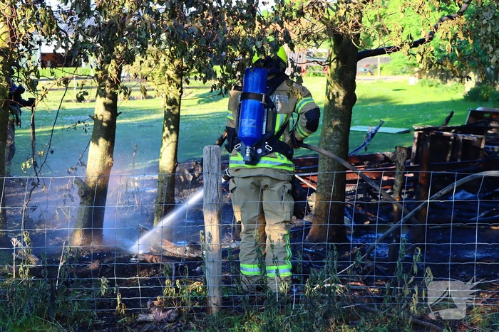 Bomen en pipowagen in brand