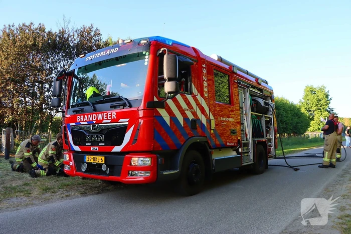 Bomen en pipowagen in brand