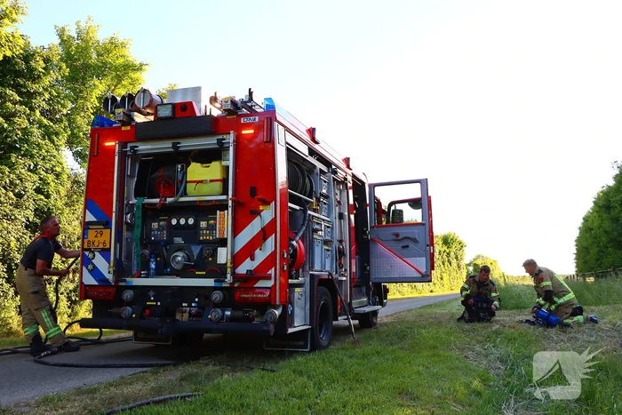 Bomen en pipowagen in brand