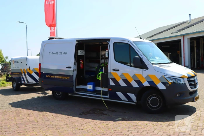 Te water geraakte werkbus door kraan uit water gehaalt