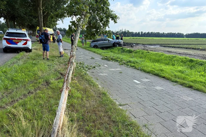 Auto raakt boom en belandt in sloot