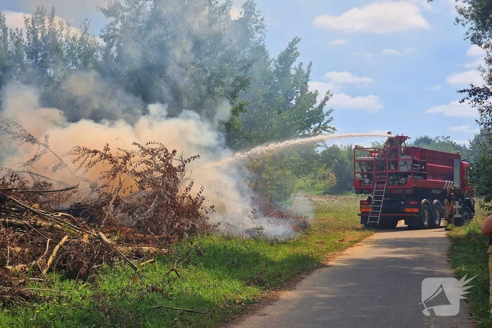 Stapel gesnoeid hout in brand
