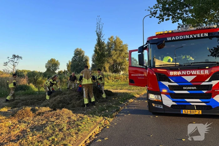 Broeiend hooi door brandweer geblust