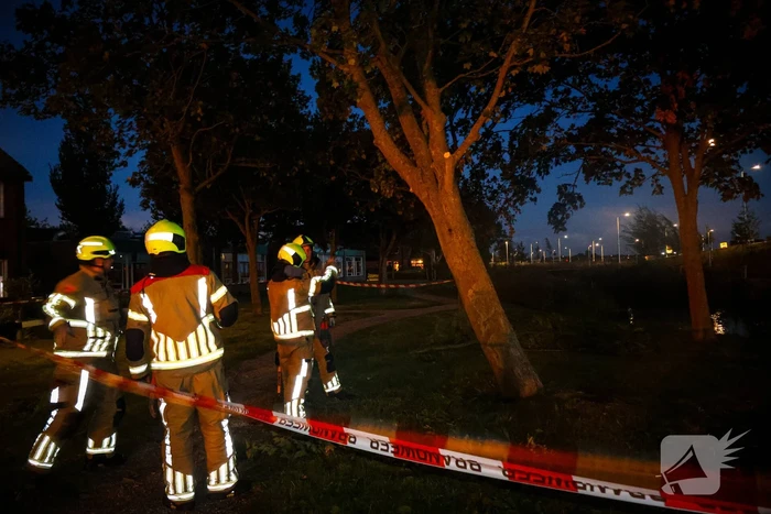 Brandweer zaagt takken van schuinstaande boom af