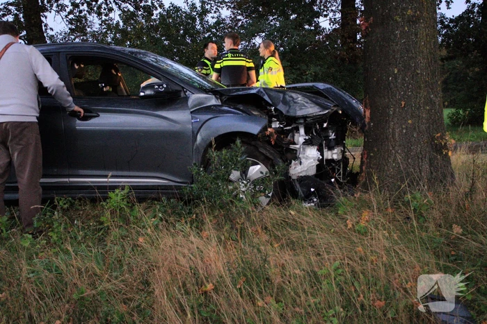 Auto raakt van weg en knalt tegen boom