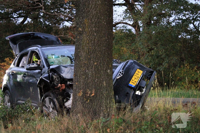 Auto raakt van weg en knalt tegen boom