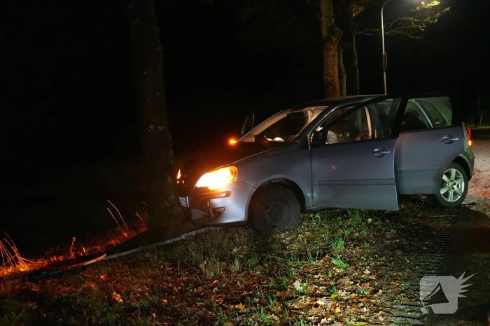 Auto botst tegen boom na verkeersbord omver te rijden