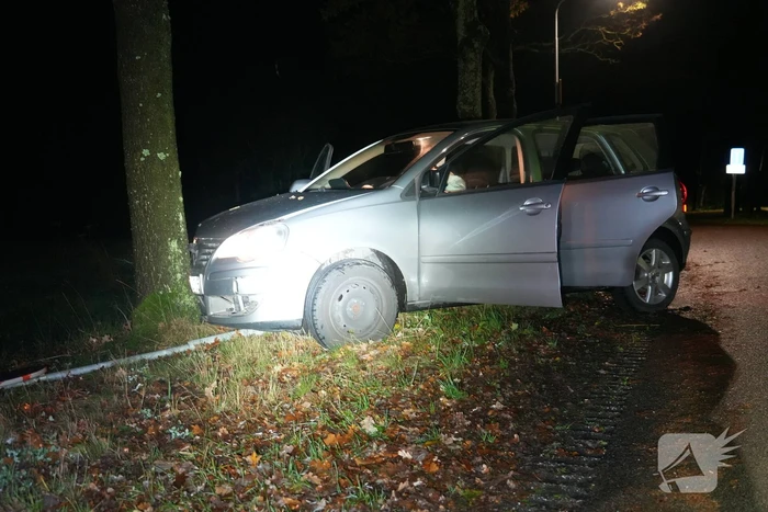 Auto botst tegen boom na verkeersbord omver te rijden