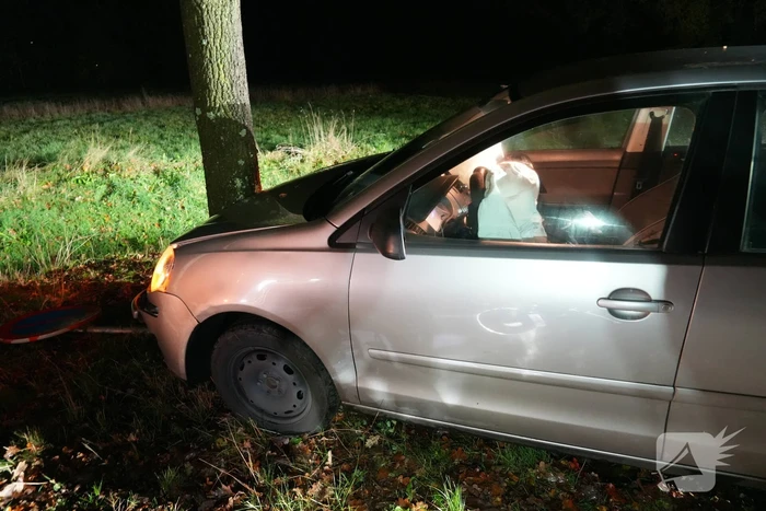 Auto botst tegen boom na verkeersbord omver te rijden