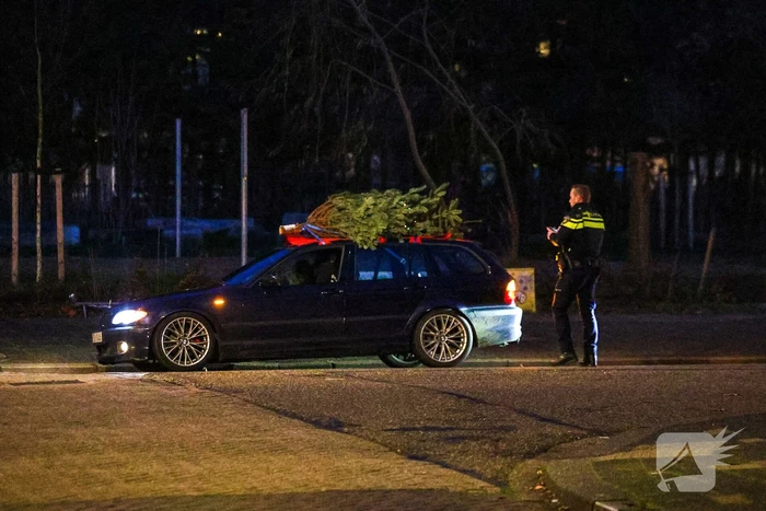 Auto met kerstboom op dak staande gehouden