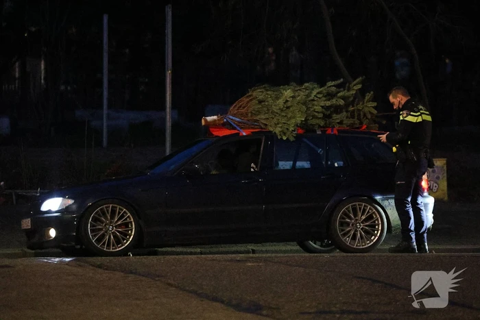 Auto met kerstboom op dak staande gehouden