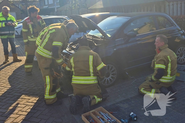 Brandweer bevrijdt kat uit motorkap