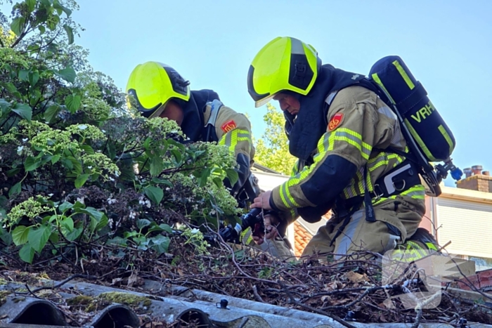 Brandweer blust brand in dak