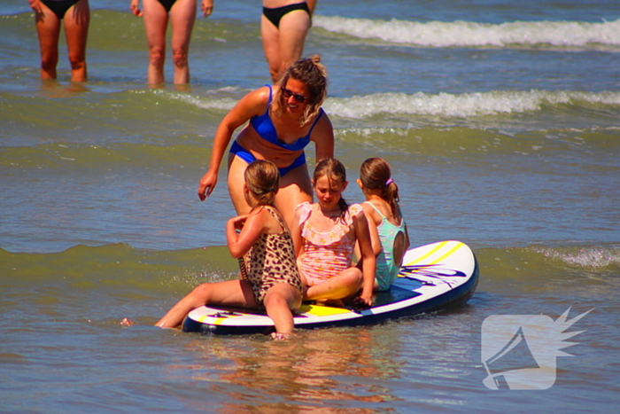 Mens en dier zoeken verkoeling aan het strand