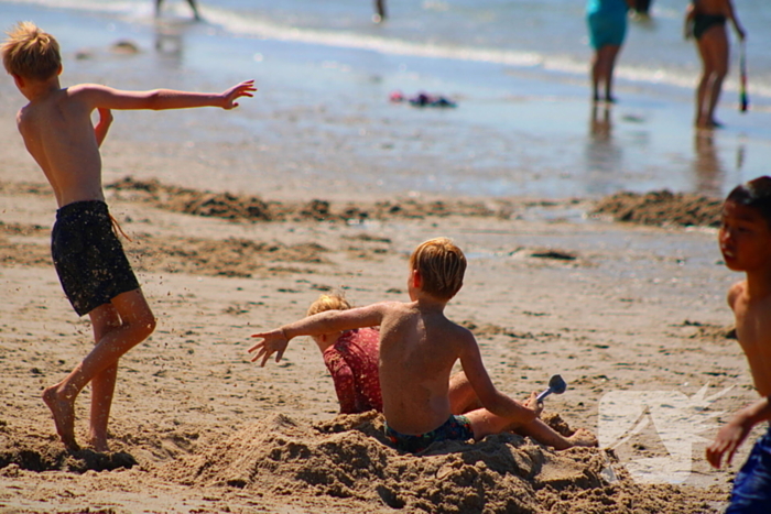 Mens en dier zoeken verkoeling aan het strand