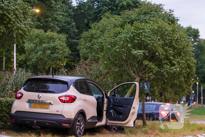 Automobilist belandt op rotonde en klapt op boom
