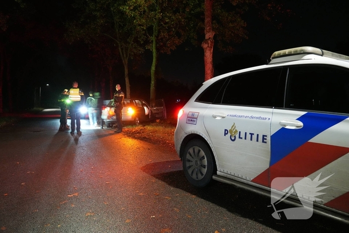 Auto botst tegen boom na verkeersbord omver te rijden