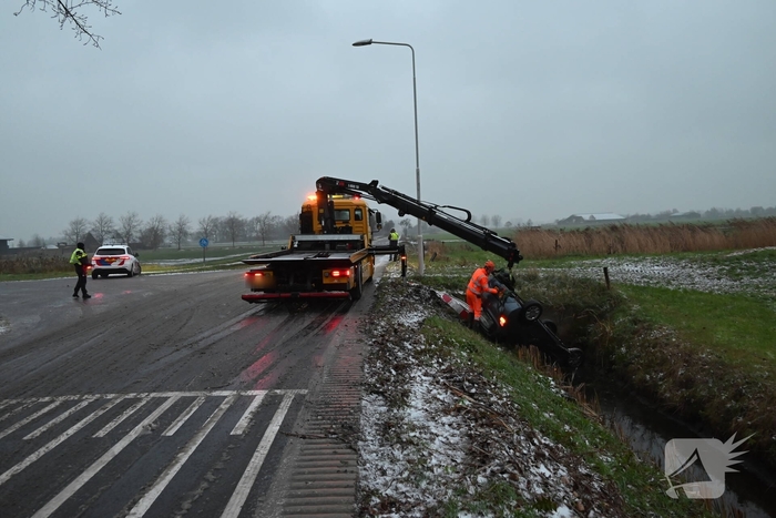 Auto op de kop in sloot
