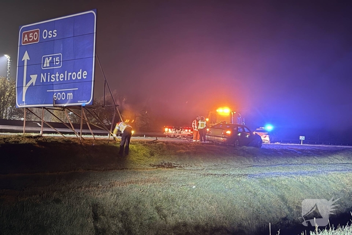 Auto botst onder verkeersbord