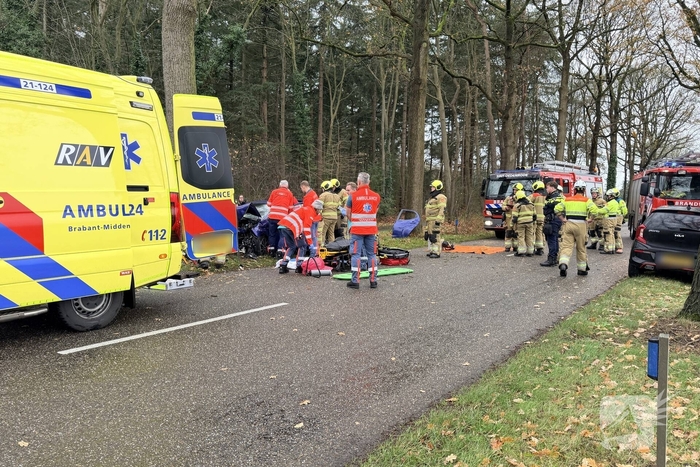 Auto botst op boom en bestuurder raakt bekneld