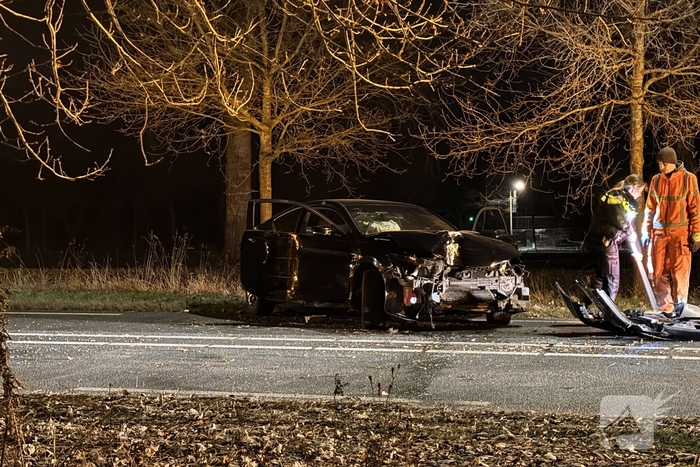 Gewonde en forse schade aan boom, paal en auto
