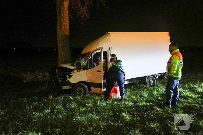 Bestelbus botst tegen boom