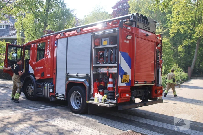 Brandende boomstam geblust met emmers water