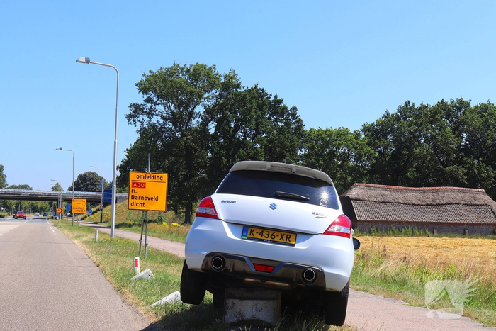 Auto belandt op varkensrug