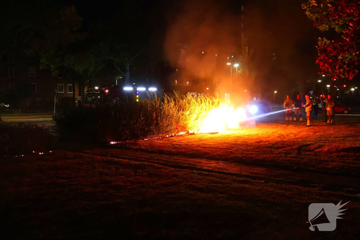Meerdere prullenbakken en groenstrook beschadigd door brand