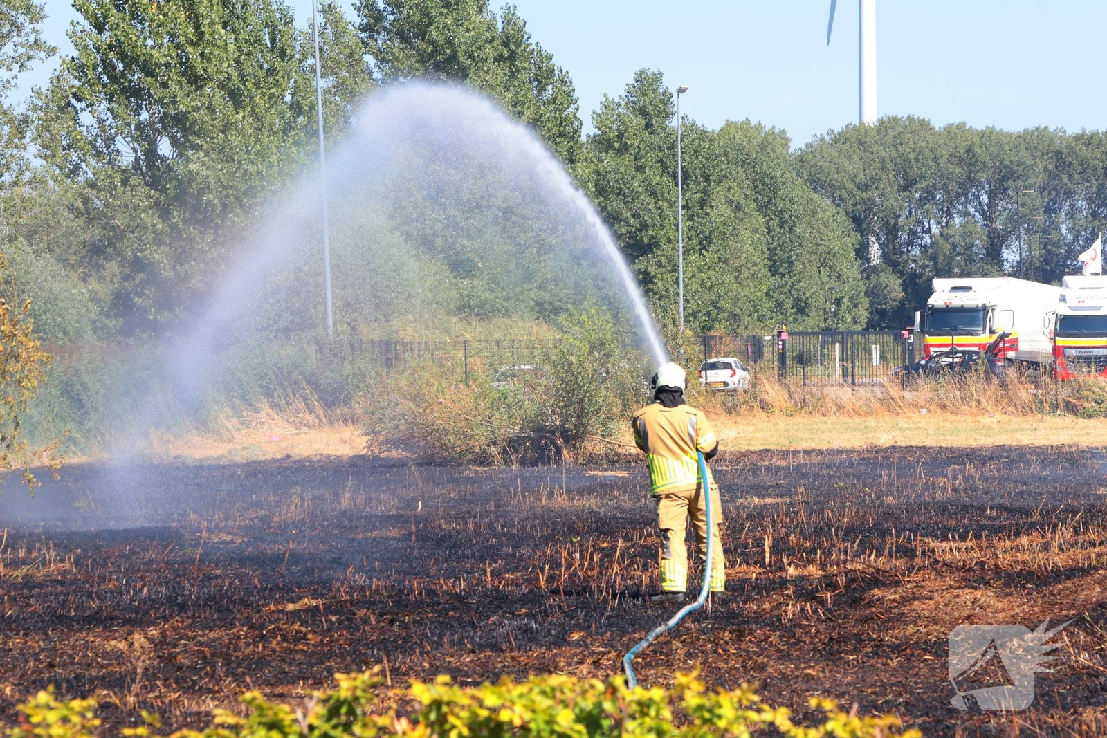 Groot stuk gras in brand naast transportbedrijf