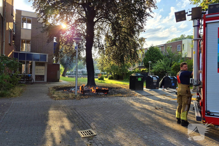 Brandweer blust brandend object tegen boom
