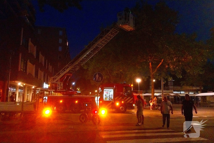 Brandweer haalt parasol uit boom met autoladder