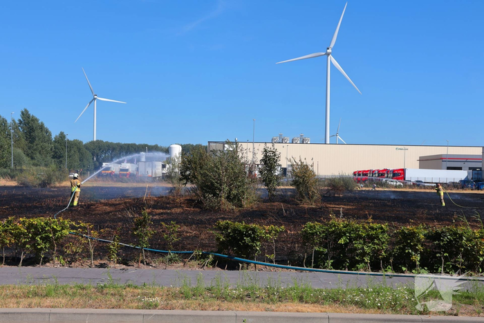 Groot stuk gras in brand naast transportbedrijf