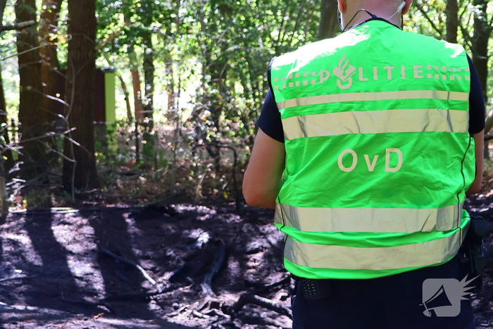Bosgrond en begroeiing zwartgeblakerd na brand