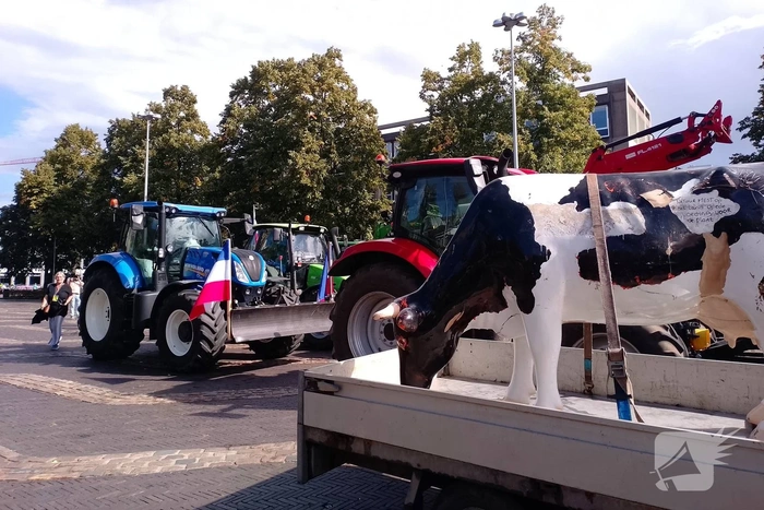 Boeren met trekkers en koe naar provinciehuis voor protest