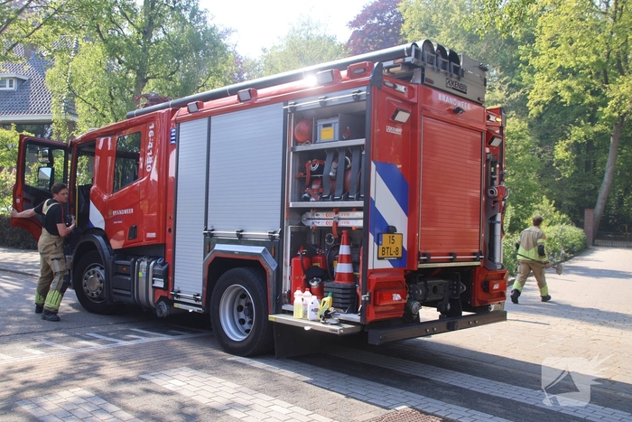Brandende boomstam geblust met emmers water