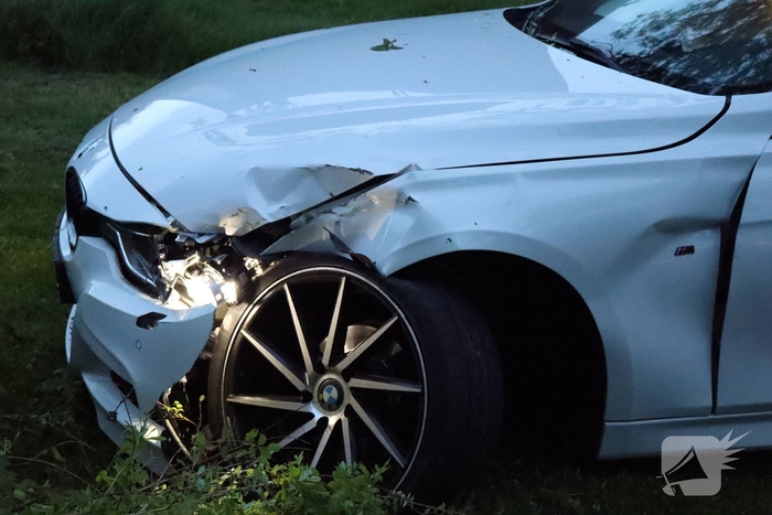 Auto ramt ondergrondse container en belandt in bosschages