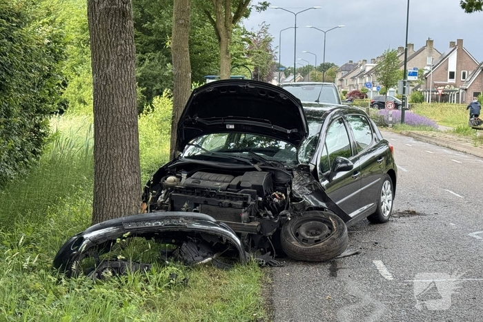 Auto total-loss na raken van bomen en bord